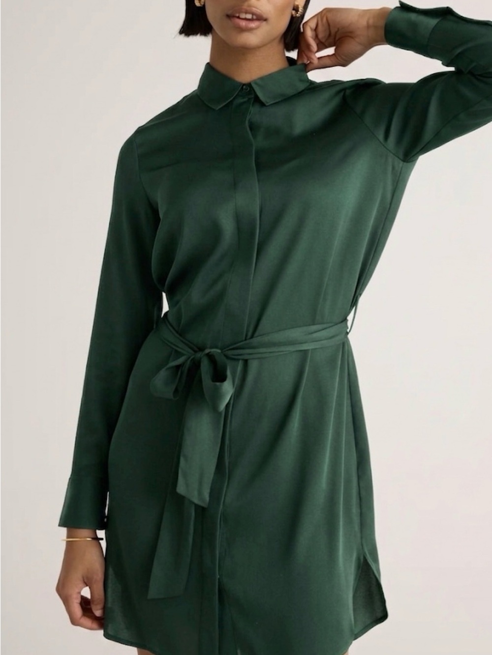 Quince Deep Green Silk Long-Sleeve Shirt Dress (belt is missing!)